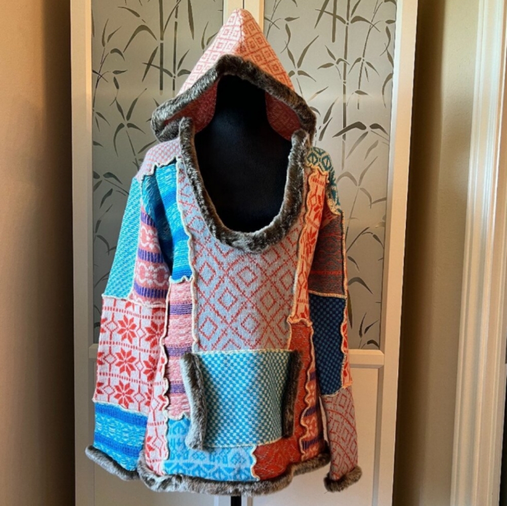 Rare Free People Patchwork Fur Lined Knit Bohemian Hoodie Hooded Sweater Large